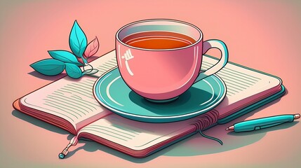 A Cup of Tea Resting on an Open Book with a Pen Nearby Peaceful Reading Moment