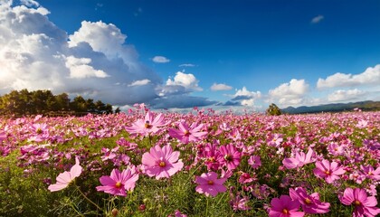 Fototapeta premium a vibrant field of pink cosmos flowers swaying gently under a bright blue sky with fluffy white clouds in the background