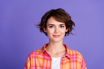 Photo of pretty young girl smile wear shirt isolated on violet color background