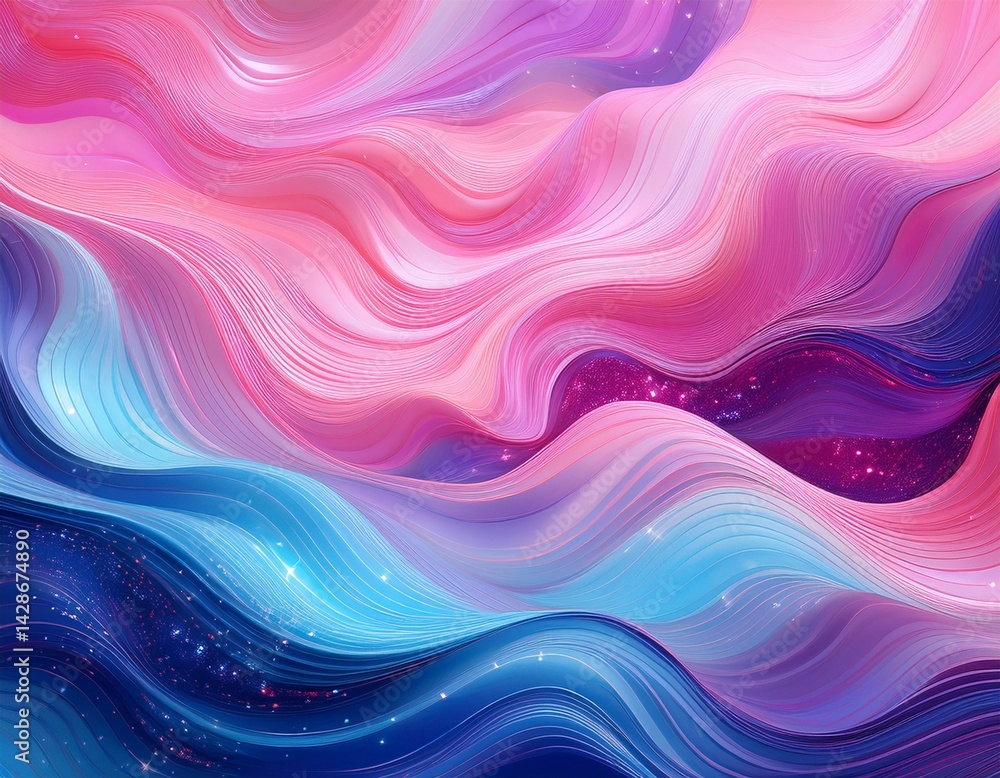 Poster a vibrant wavy pattern featuring shades of pink and blue with subtle sparkles creating a playful and