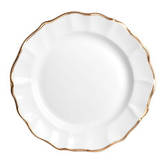 White Plate with Gold Rim: Elegant white porcelain plate features a delicate gold rim and scalloped edge.