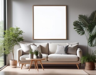 a blank wooden frame mockup on a light grey wall in a modern living room interior with cozy furniture large windows and decorative plants ideal for artwork or poster presentation