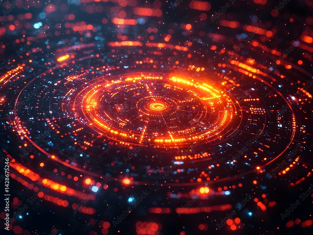 Poster glowing radar like digital interface displaying complex data network