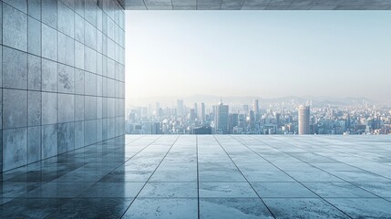 Fototapeta premium Modern urban skyline view from a minimalist concrete balcony at dawn