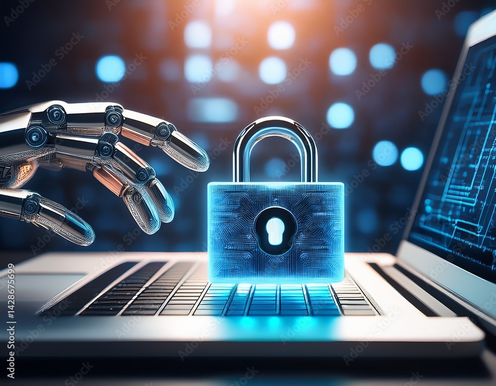 Aufkleber a robotic hand interacts with a laptop displaying a digital lock symbol symbolizing cybersecurity an