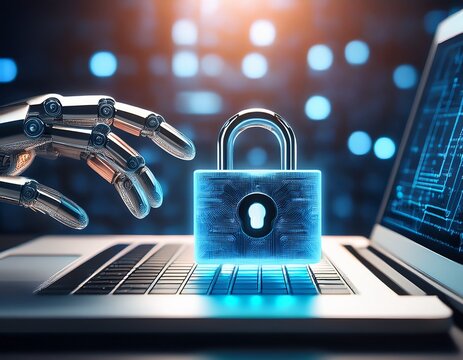 a robotic hand interacts with a laptop displaying a digital lock symbol symbolizing cybersecurity and advanced technology