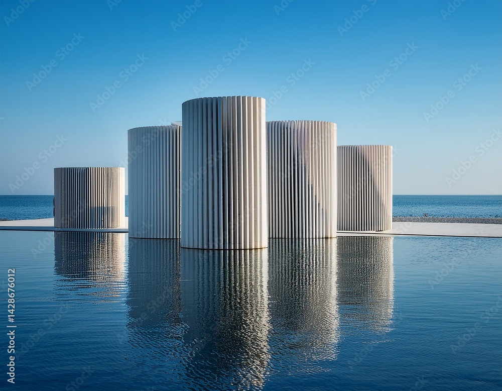 Poster a serene display of modern minimalism featuring abstract vertical structures above calm waters