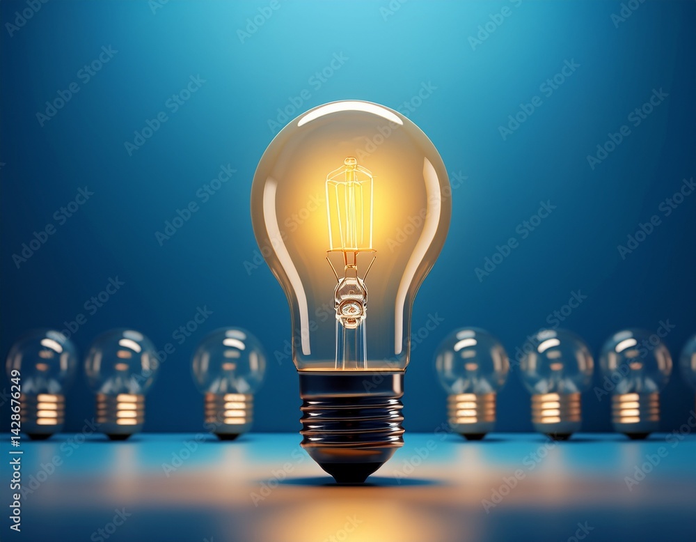 Poster a single lightbulb glowing and rising above other bulbs on a blue backdrop representing unique creat