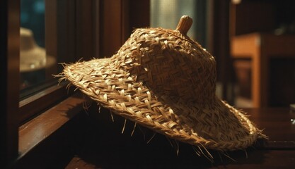 A traditional woven straw hat used in Koenji Awa Odori dancing rests on a wooden ledge under warm indoor lighting, evoking festival atmosphere