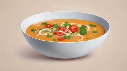 Creamy tomato soup garnished with fresh herbs and vegetables served in a white bowl