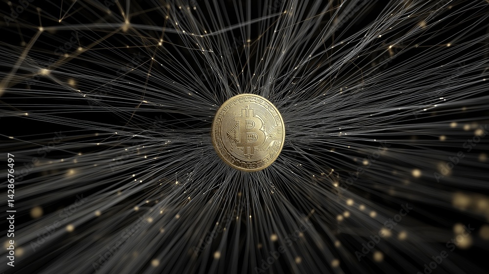 Poster Digital gold coin rotating with network lines around it 