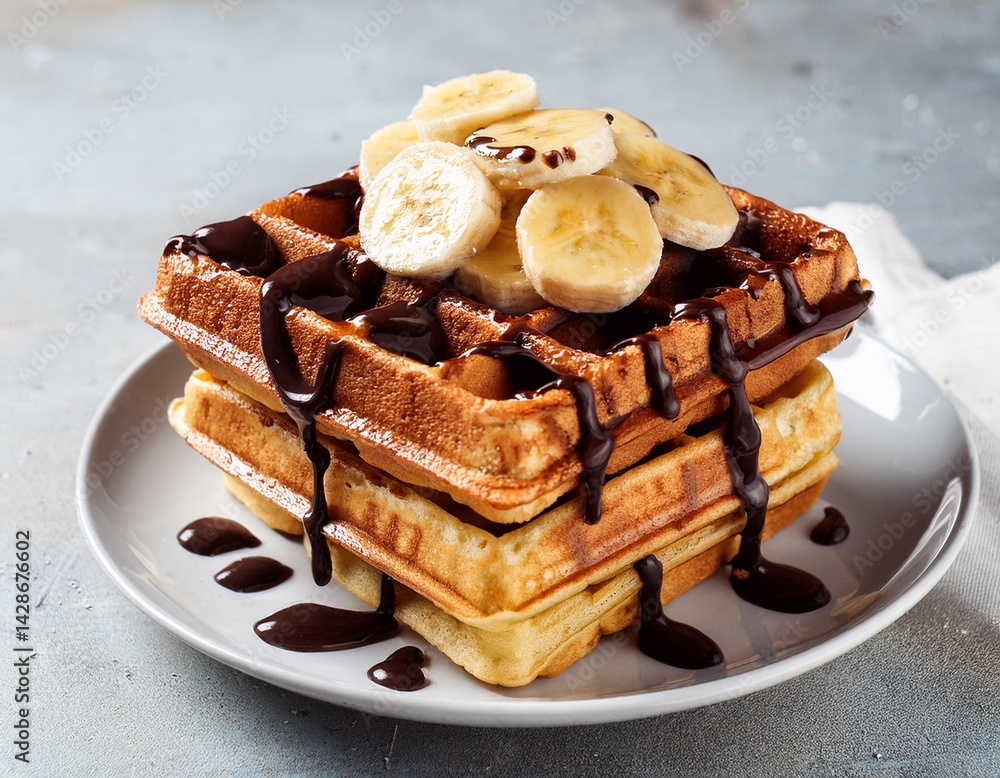 Poster a stack of square waffles topped with bananas and drizzled with chocolate syrup