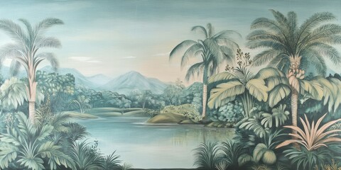 Obraz premium Tropical landscape mural depicting lush greenery and serene water under a pastel sky.
