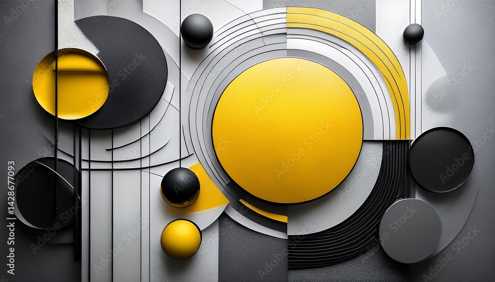 Poster abstract geometric shapes in grey yellow and black tones cover a textured surface the composition fe