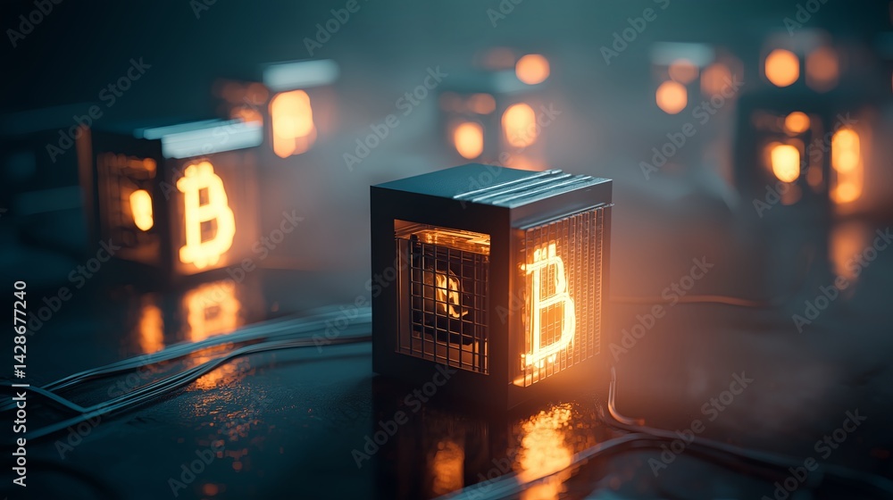 Poster Cryptocurrency mining concept with glowing computers