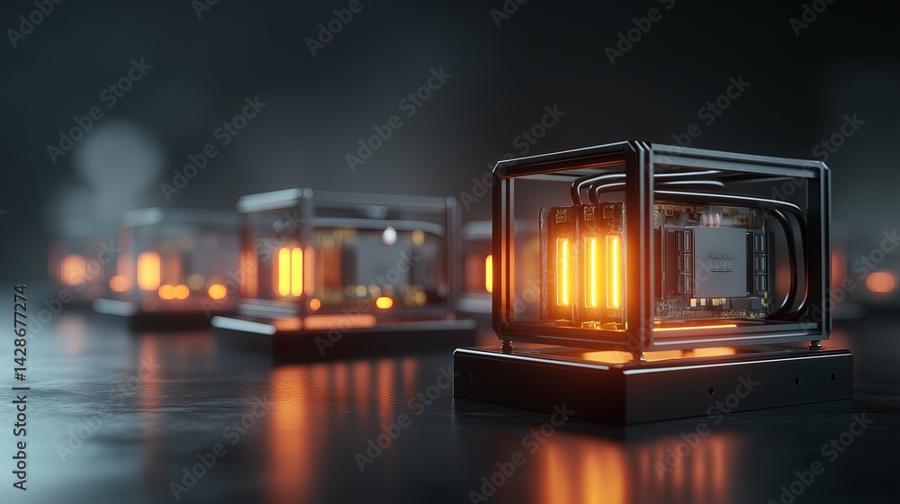 Poster Cryptocurrency mining concept with glowing computers