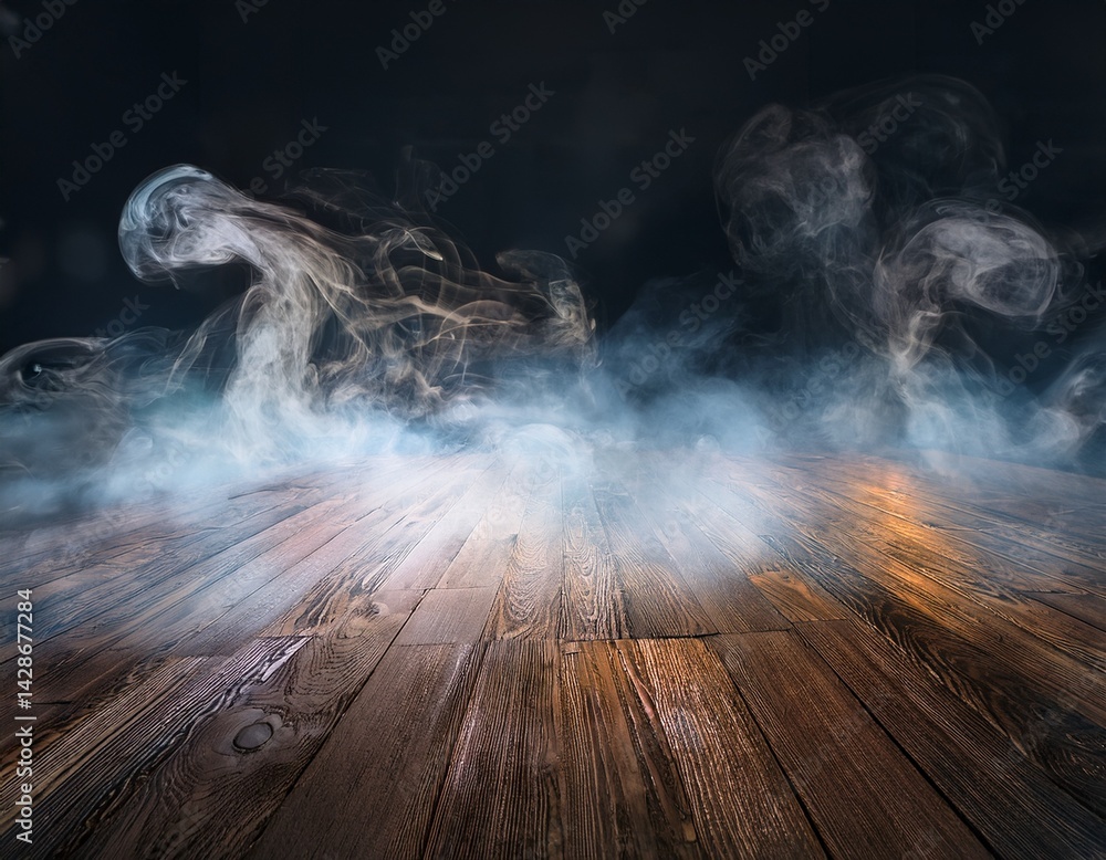 Poster a misty ethereal scene with swirling smoke hovering above a wooden floor creating a mysterious and a