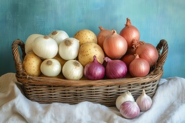 Still life arrangement of various root vegetables in a rustic basket.