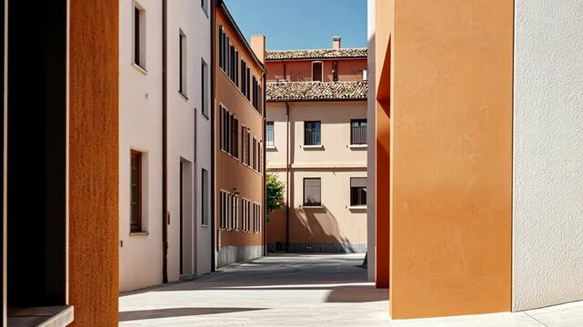 Modern architectural alleyway showcasing colorful buildings with clear blue sky backdrop