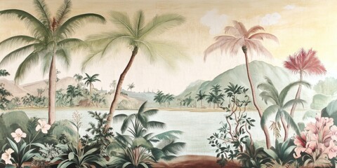 Tranquil tropical landscape with lush palm trees and serene water scene.
