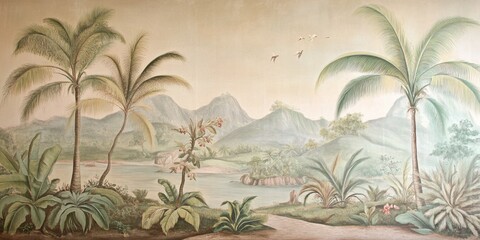 Tranquil tropical landscape painting with lush greenery and distant mountains.