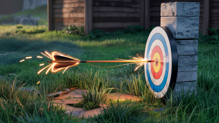 Arrow hitting target dead center concept of precision marketing, success and goal achievement
