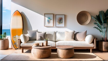 a beach house living area with comfortable white sofas a surfboard leaning against the wall a woven coffee table and plenty of natural light streaming in