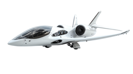 dicut png isolated transparent Futuristic white jet with sleek design and advanced technology, showcasing modern aviation innovation in air travel.