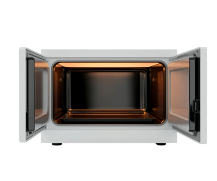 A white, open, clean built-in microwave oven with an orange light inside the door, isolated on Png Format and Transparent Background