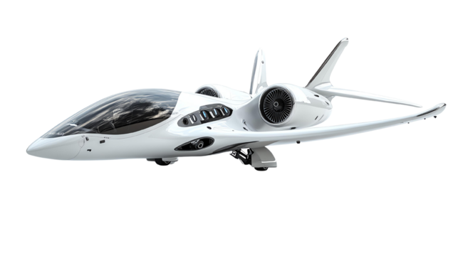 dicut png isolated transparent Futuristic white jet with sleek design and advanced technology, showcasing modern aviation innovation in air travel.