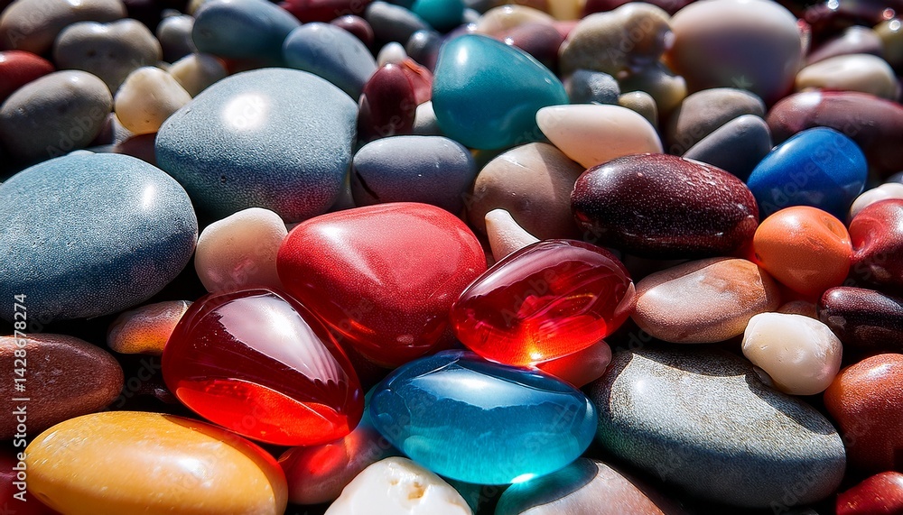 Poster a close up of colorful pebbles in various shapes and textures on a beach with a small red glass shar