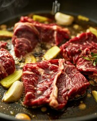 Obraz premium Cooking marbled beef slices with garlic and herbs in a skillet for a delightful dinner experience