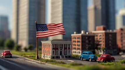american flag on the street, miniature school building, macro photography