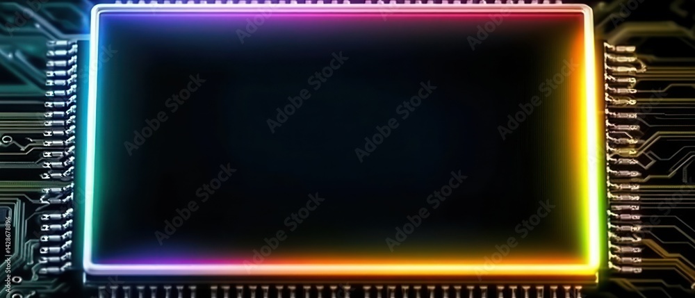Poster close up of a circuit board with a colorful microchip