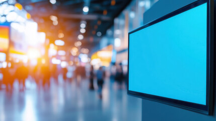 Fototapeta premium bright LED signage display in busy event space, showcasing blank screen, surrounded by blurred figures of attendees, creating energetic atmosphere