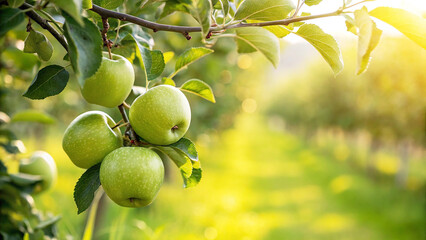 Green Apples on tree in garden in Natural Sunny day background, Green Apples on tree in garden