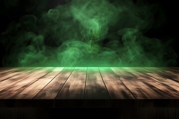 Mystic Green Smoke Wooden Table Background