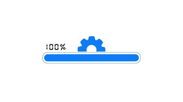 Loading bar (1-100%), loading bar with gear wheel or setting icon 4k on white background