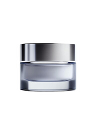 dicut png isolated transparent A sleek glass cream jar reflecting elegance and minimalism, perfect for skincare product presentations and branding.