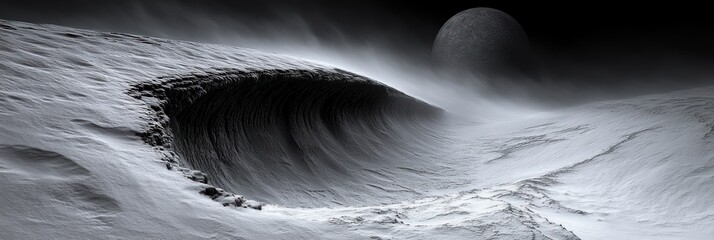 Lunar snowscape A colossal wave of frozen terrain beneath a desolate gray moon