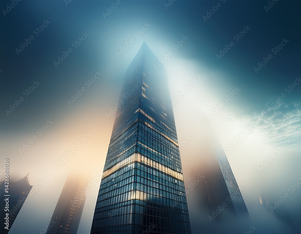 Poster a towering skyscraper disappears into dense fog creating a dramatic and atmospheric scene ideal for 