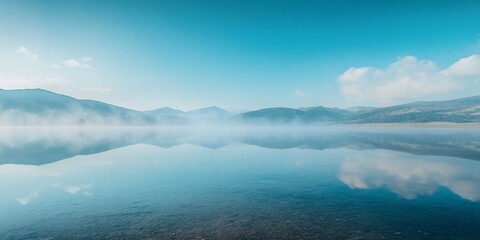 Fototapeta premium Serene mountain range mirroring over the lake, with a pastel sky above
