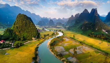 aerial landscape in phong nam valley cao bang province vietnam with river nature rice fields beautiful destination in northern vietnam