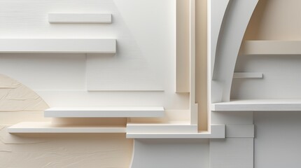 Geometric dreamscape Ivory shelves  architectural forms intertwine casting gentle shadows in minimalist bliss