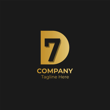 Initial letter and number logo, D and 7, D7, 7D, negative space flat gold.