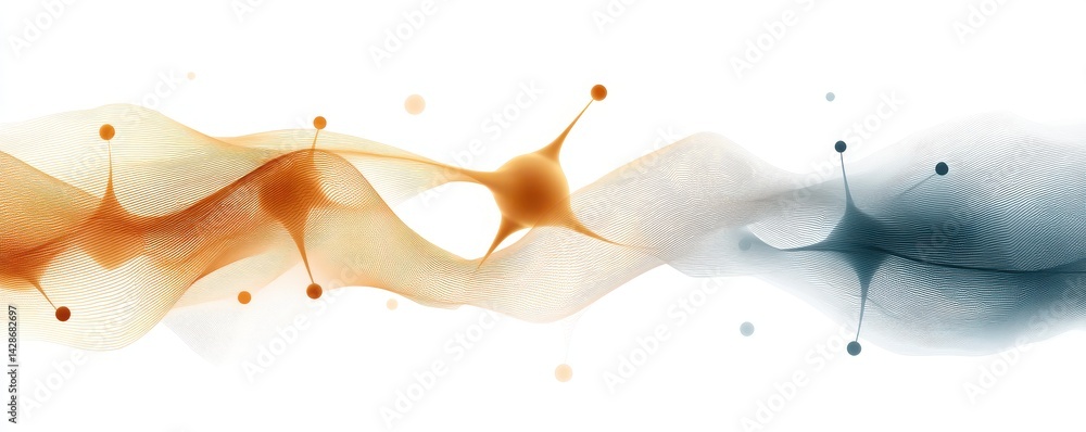 Poster stylized abstract representation of neural connections or data flow, with fluid orange and blue shap