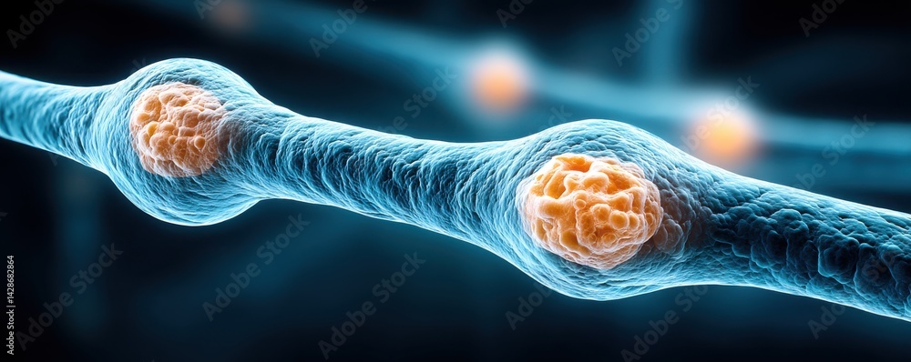 Poster axon microscopic view of neurons with synapses glowing in blue and orange hues.