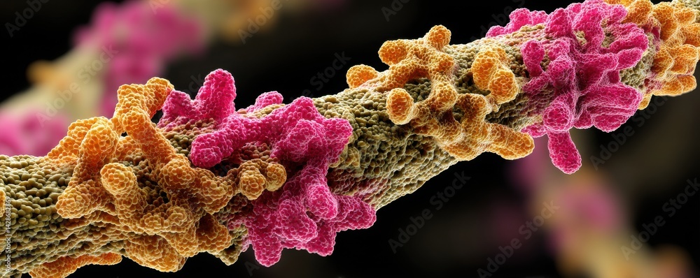 Poster microscopic view of a neuron axon showing synaptic connections, digitally colorized in orange and ma