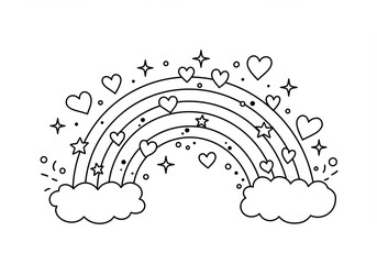 Bold rainbow with hearts, stars, and sparkles in a joyful and magical love-themed coloring book line art illustration