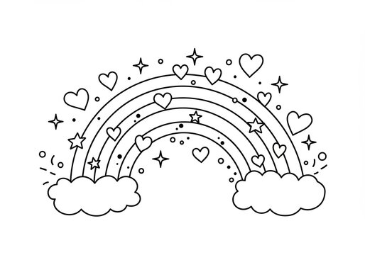 Naklejki Bold rainbow with hearts, stars, and sparkles in a joyful and magical love-themed coloring book line art illustration
